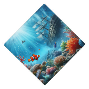 Under the sea, turtle, coral, ship, clown fish graduation cap topper
