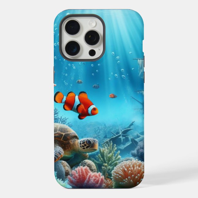 Under the sea, turtle, coral, ship, clown fish iPhone case (Back)