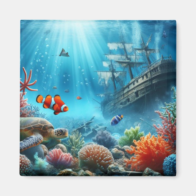 Under the sea, turtle, coral, ship, clown fish magnet (Front)