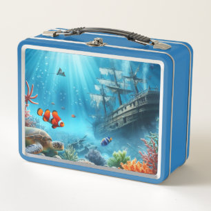 Under the sea, turtle, coral, ship, clown fish metal lunch box
