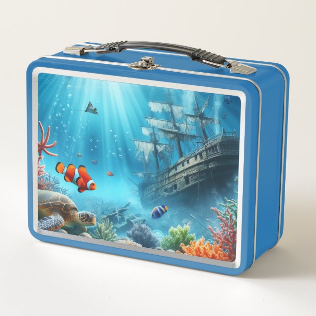 Under the sea, turtle, coral, ship, clown fish metal lunch box (Front)