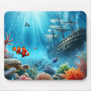 Under the sea, turtle, coral, ship, clown fish mouse pad