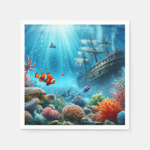 Under the sea, turtle, coral, ship, clown fish napkin