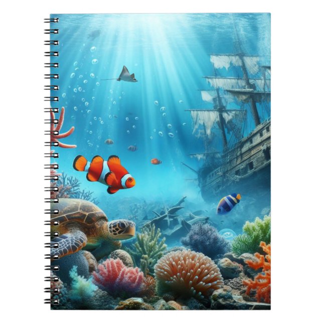 Under the sea, turtle, coral, ship, clown fish notebook (Front)