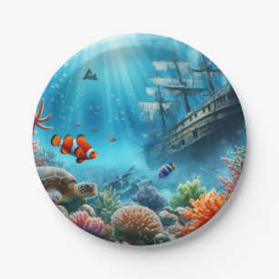 Under the sea, turtle, coral, ship, clown fish paper plate