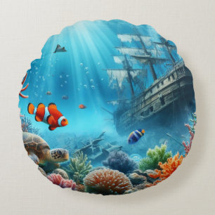Under the sea, turtle, coral, ship, clown fish round pillow