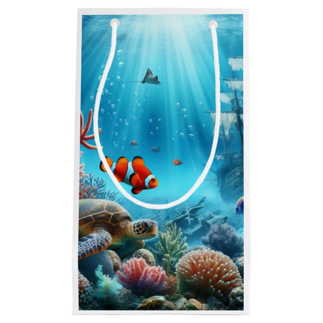 Under the sea, turtle, coral, ship, clown fish small gift bag (Front)
