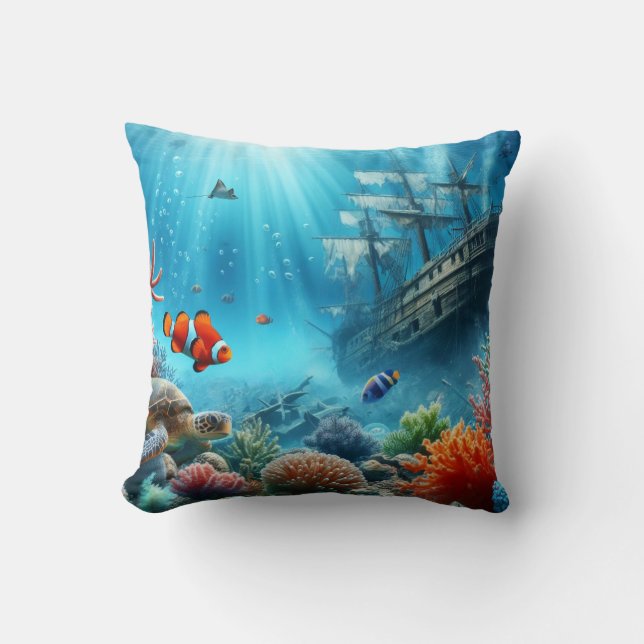 Under the sea, turtle, coral, ship, clown fish throw pillow (Front)