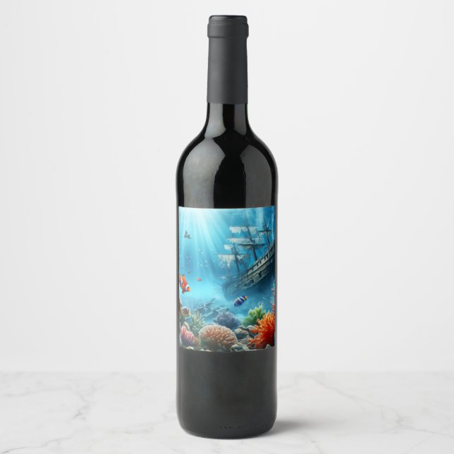 Under the sea, turtle, coral, ship, clown fish wine label (Front)
