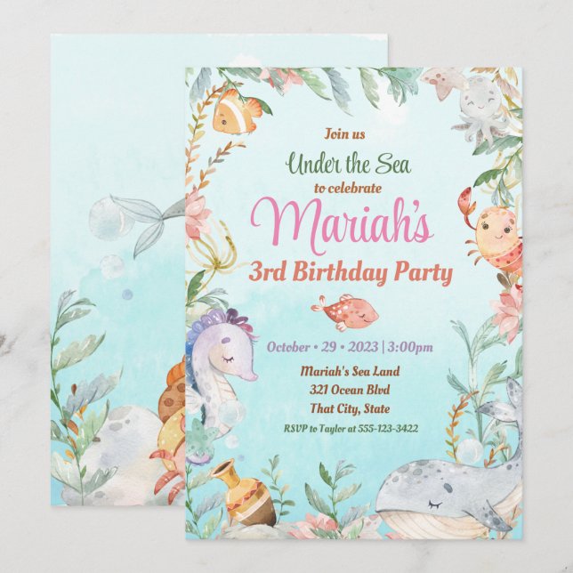Under the sea watercolor Birthday Invitation (Front/Back)