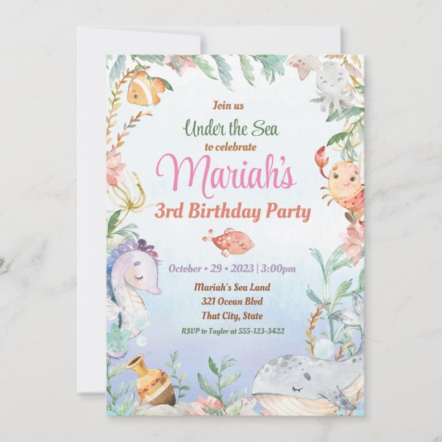 Under the sea watercolor Birthday Invitation (Front)