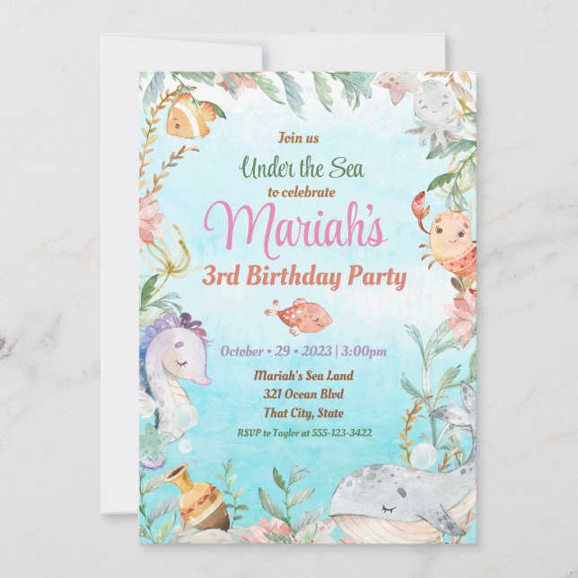 Under the sea watercolor Birthday Invitation (Front)