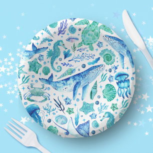Under the Sea Watercolor Blue Whale, Sea Horse Paper Plate