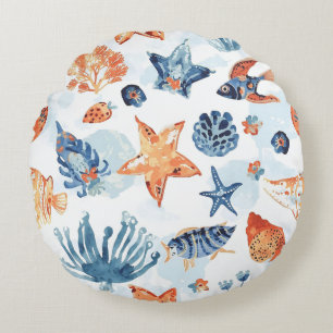 Under the Sea Watercolor Coral Ocean Animals Round Pillow