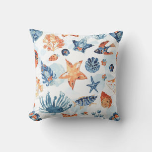 Under the Sea Watercolor Coral Ocean Animals Throw Pillow