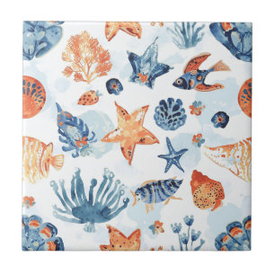 Under the Sea Watercolor Coral Ocean Animals Tile