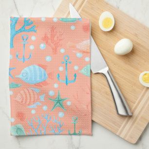 Under the Sea Watercolor Coral Pink Kitchen Towel