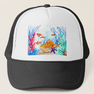 Under the sea watercolor fish ocean coastal sea trucker hat