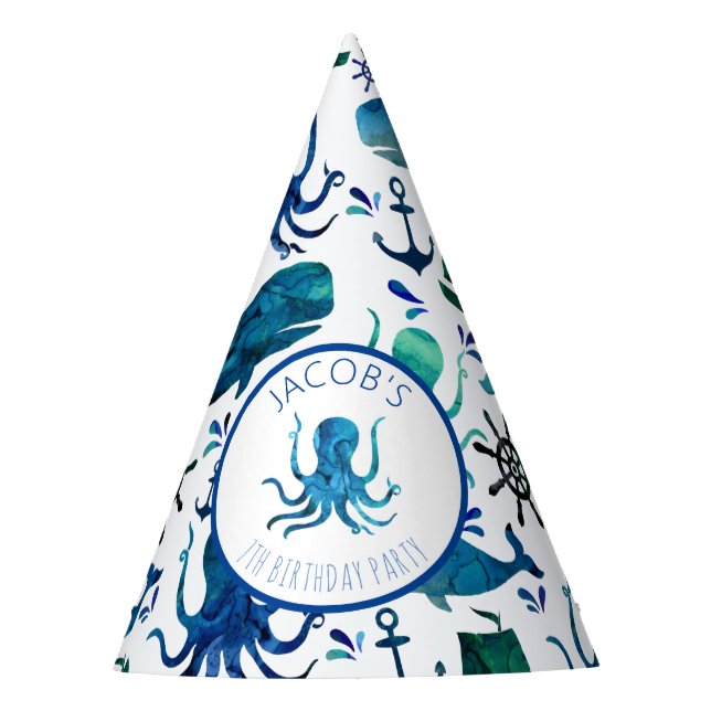 Under The Sea Watercolor Marine Nautical Birthday Party Hat (Front)