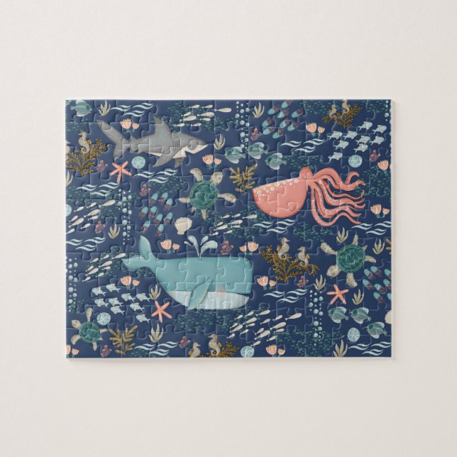 Under the Sea Watercolor Ocean Animals Art Jigsaw Puzzle (Horizontal)
