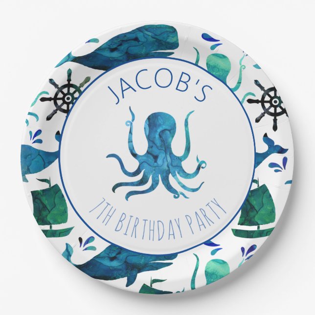 Under The Sea Watercolor Ocean Octopus Birthday Paper Plate (Front)