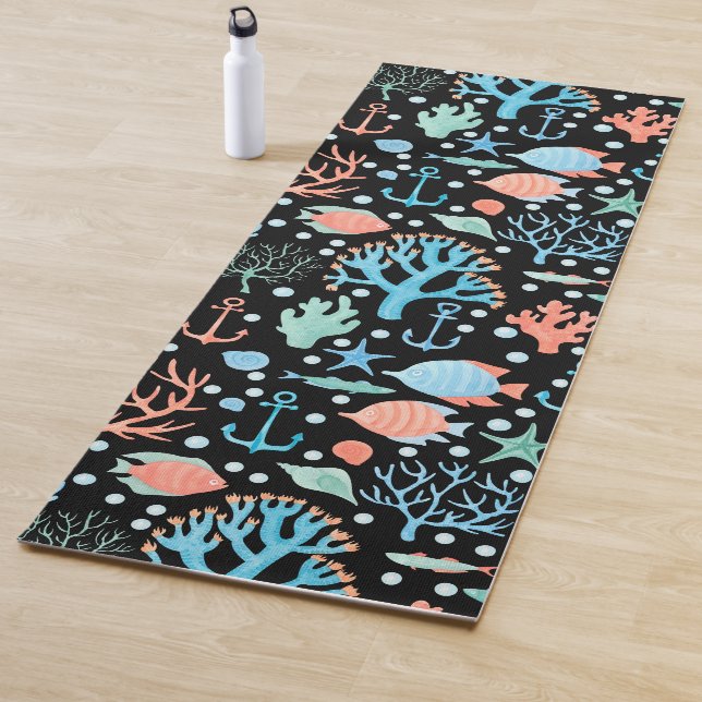 Under the Sea Watercolor Pattern Dark Yoga Mat (In Situ)