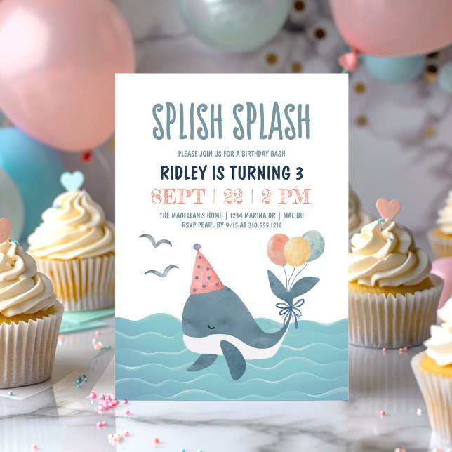 Under the Sea Watercolor Whale Birthday Bash Invitation (Creator Uploaded)
