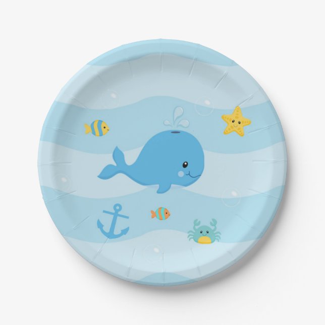 Under the sea whale nautical blue paper plates (Front)
