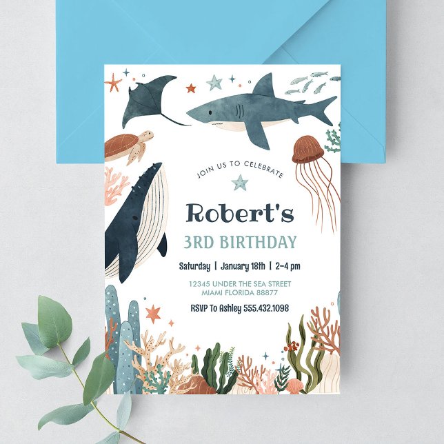 Under the Sea Whale Turtle Shark 1st Birthday Invitation (Creator Uploaded)