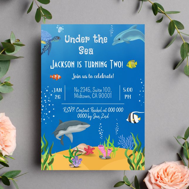 Under the sea whale turtle shark fish 2nd birthday invitation (Creator Uploaded)