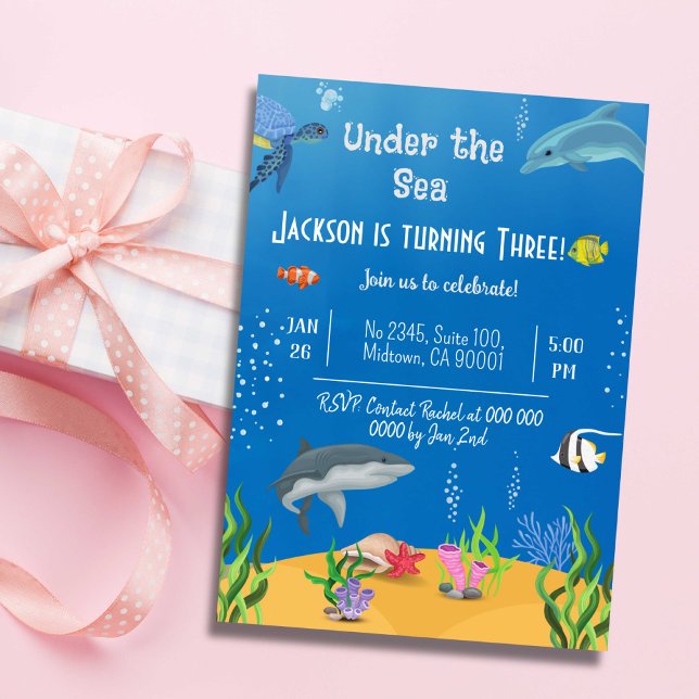 Under the sea whale turtle shark fish 3rd birthday invitation (Creator Uploaded)