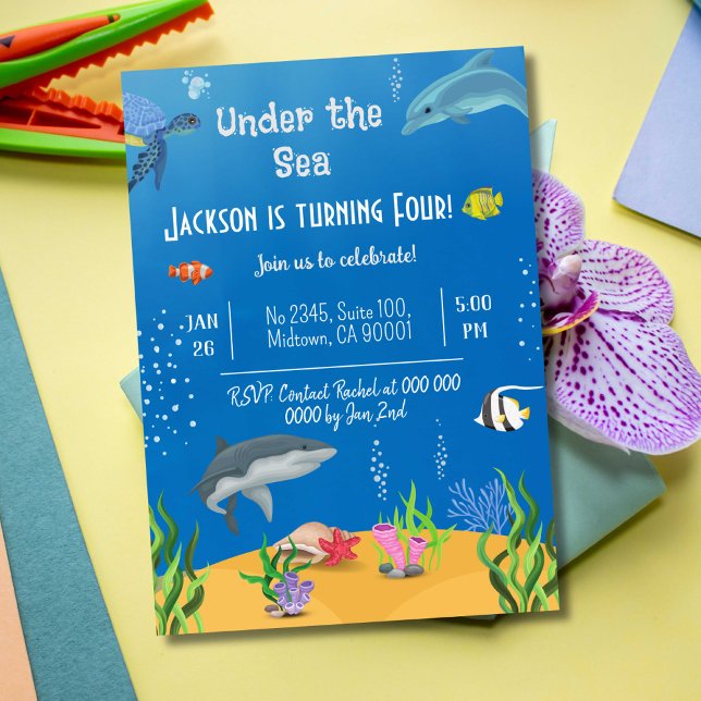 Under the sea whale turtle shark fish 4th birthday invitation (Creator Uploaded)