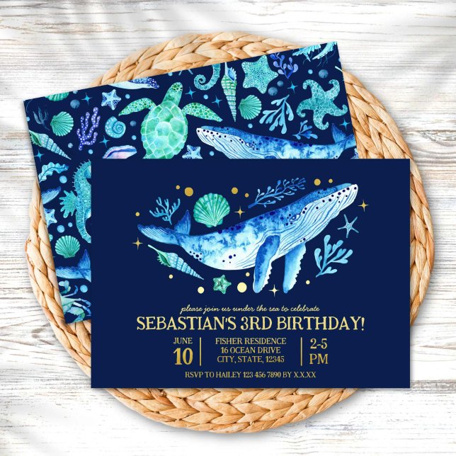 Under The Sea Whale Watercolor Navy Blue Birthday (Under The Sea Whale Watercolor Navy Blue Birthday Foil Invitation)