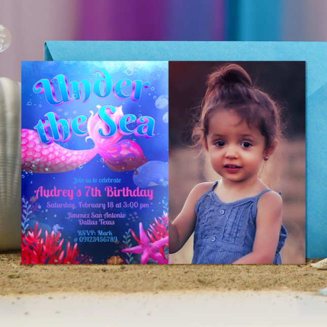 Under the Sea with Photo Landscape Invitation (Under the Sea - Mermaid Girl Landscape Invitation with Photo)