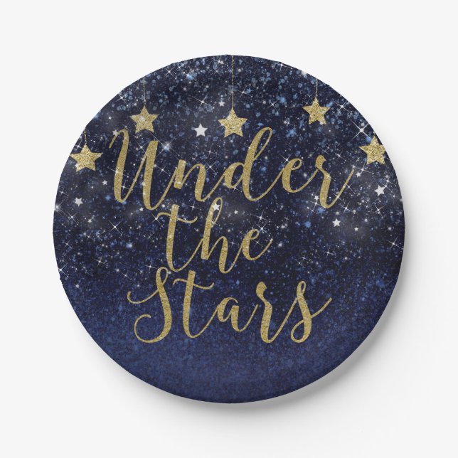 Under The Stars Starry Night Gold Blue Prom Party Paper Plate (Front)