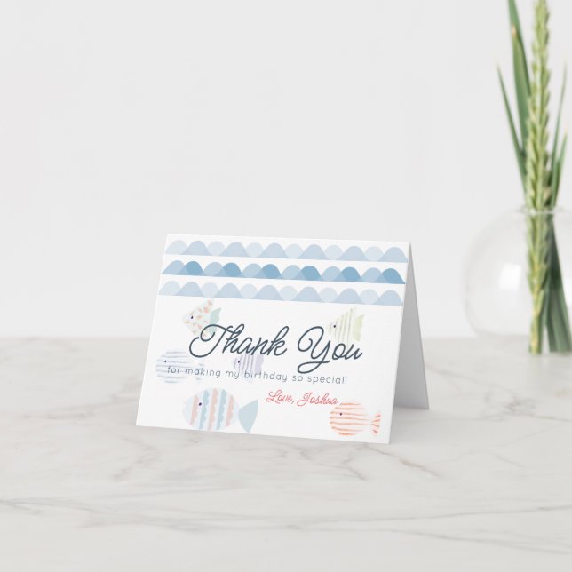Under the Waves Fish Fishing Boy White Birthday Thank You Card (Front)