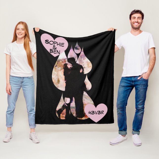 Under Umbrella: Romantic Couple Kissing in Rain Fleece Blanket (In Situ)