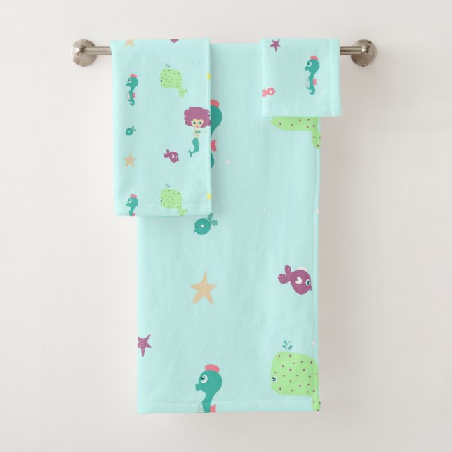 Under water creatures pattern blue bath towel set (Insitu)
