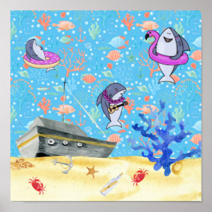 Under Water Deep Sea Shark Party Time Kids Poster