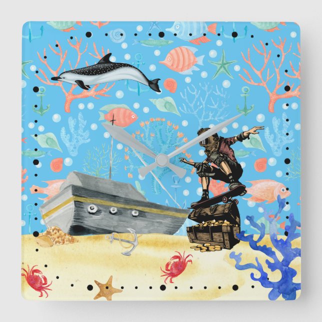 Under Water Deep Sea Skateboarder Treasure Hunter Square Wall Clock (Front)