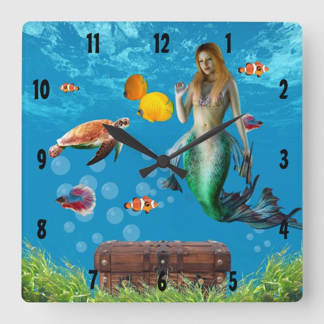 Under water mermaid treasure fishes oceanic blue square wall clock (Front)