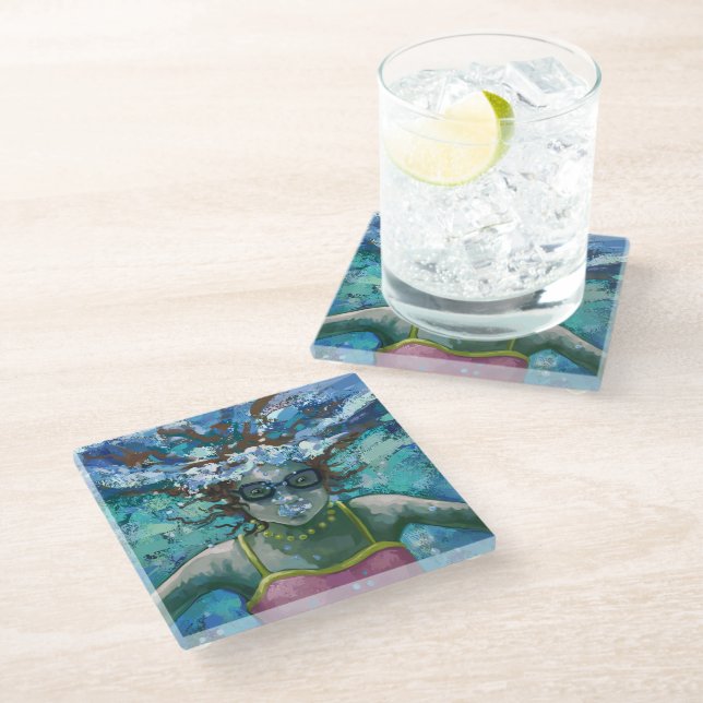 Under Water Swim Art Glass Coaster (Angled)