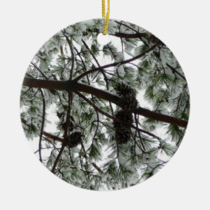 Underneath the Snow Covered Pine Tree Winter Photo Ceramic Ornament