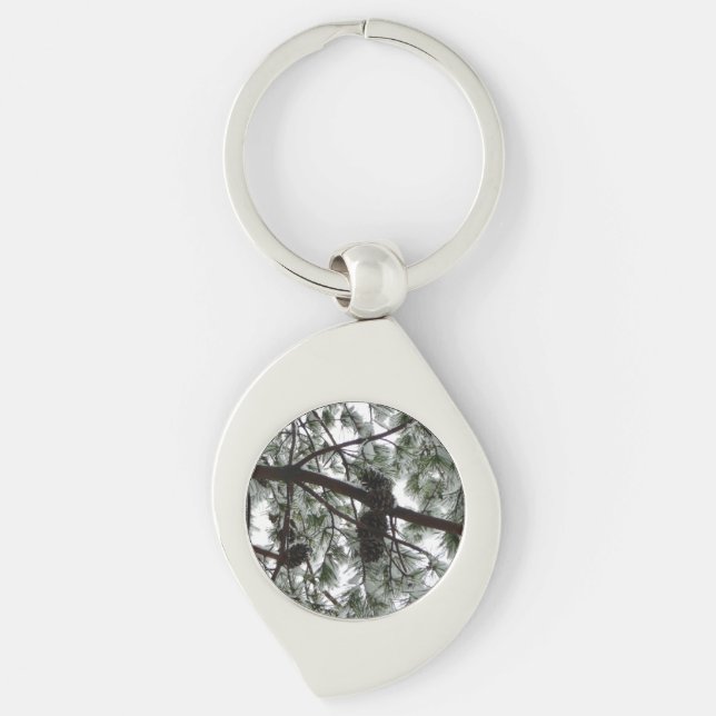 Underneath the Snow Covered Pine Tree Winter Photo Keychain (Front)