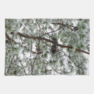 Underneath the Snow Covered Pine Tree Winter Photo Kitchen Towel