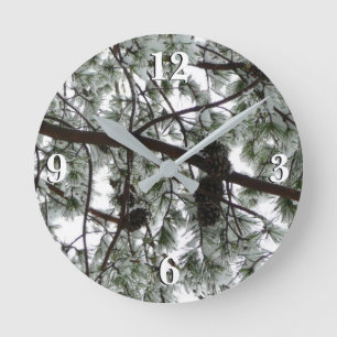 Underneath the Snow Covered Pine Tree Winter Photo Round Clock