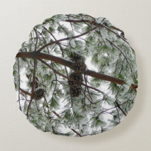 Underneath the Snow Covered Pine Tree Winter Photo Round Pillow