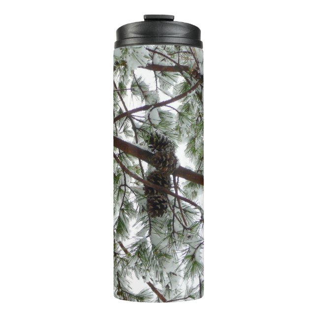 Underneath the Snow Covered Pine Tree Winter Photo Thermal Tumbler (Front)