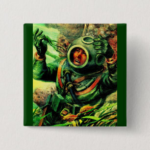 undersea diver in diving helmet 2 inch square button