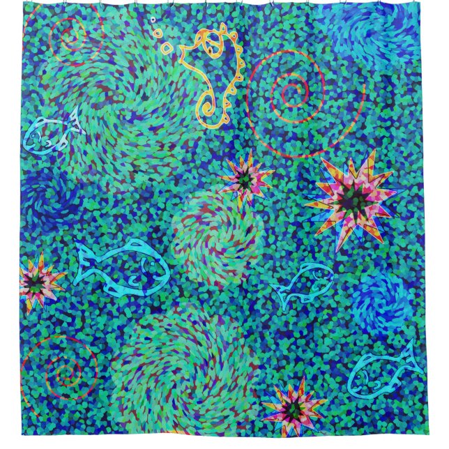 Undersea Mosaic Fish Seahorse Green Blue Pink (Front)